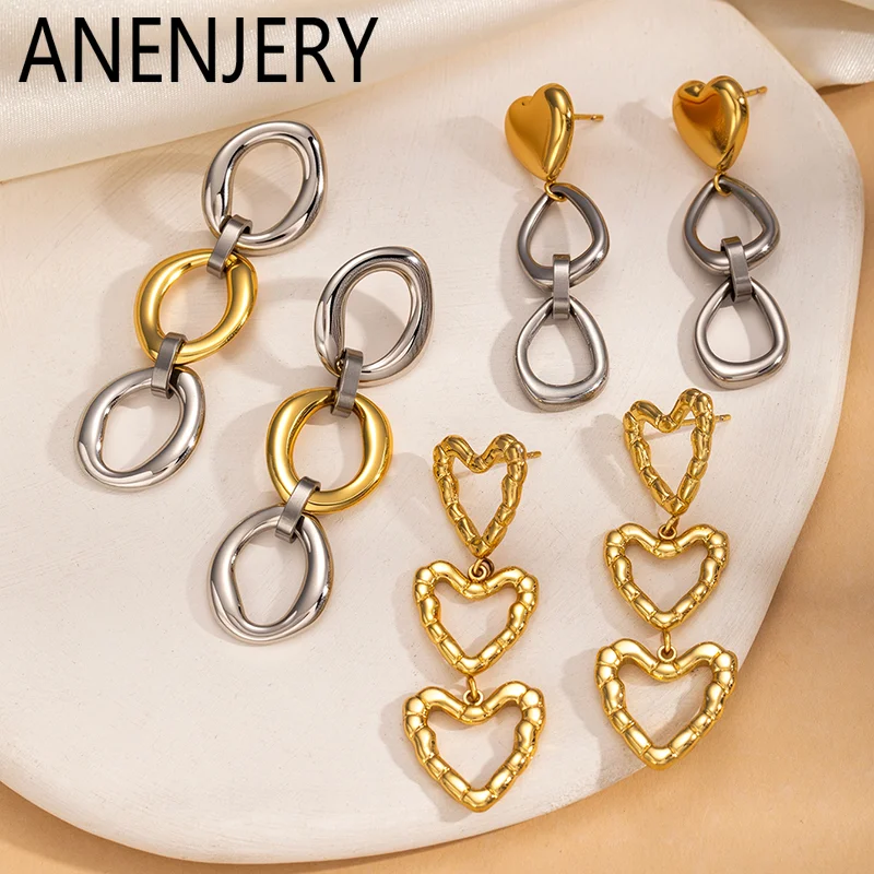 ANENJERY 316L Stainless Steel Geometric Heart Tassel Chain Drop Earrings for Women Elegant Simple Non-tarnish Jewelry Wholesale