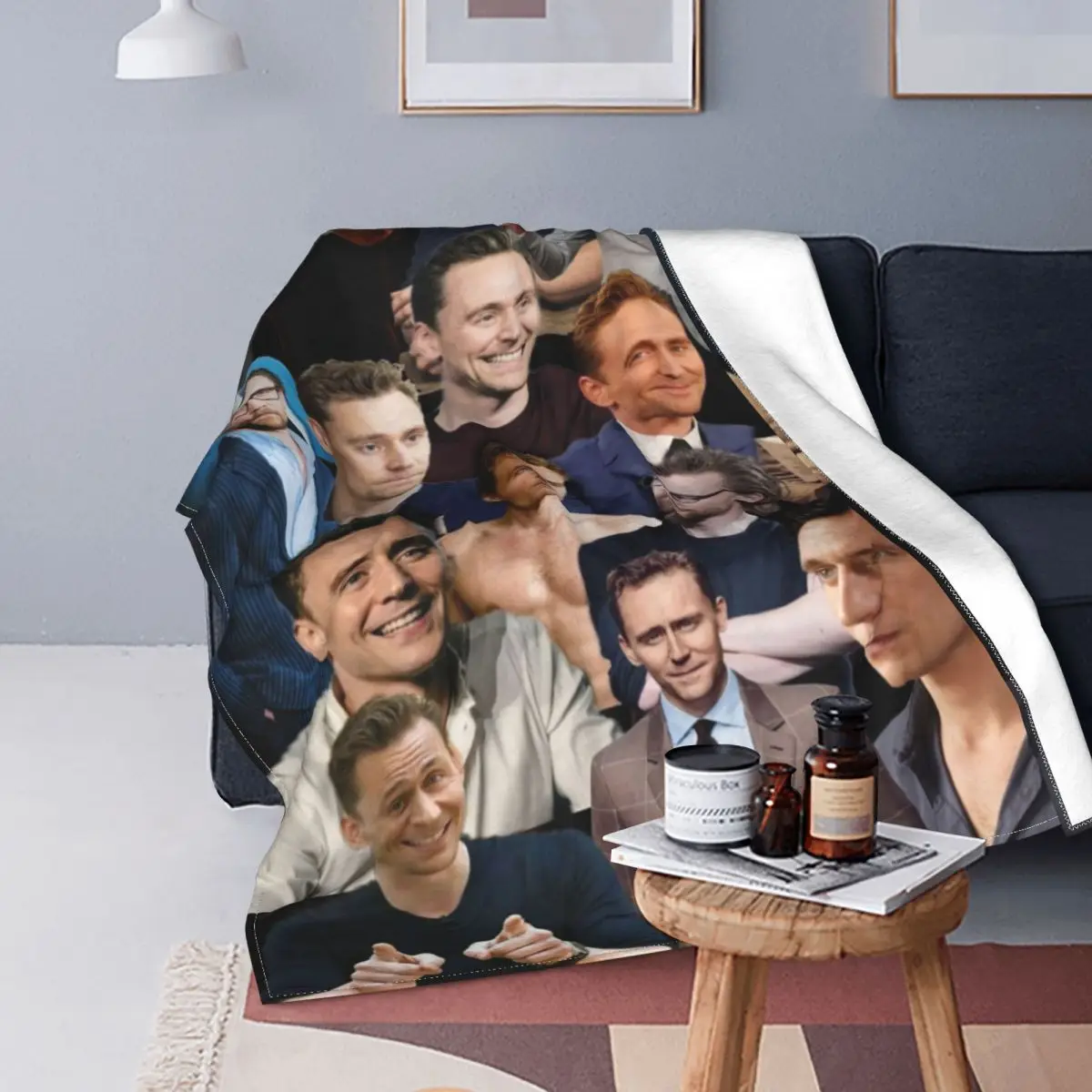 

3D Tom Hiddleston Collage Plaid Blanket Flannel Decorative Actor Portable Warm Blanket Sofa Bedroom Bedding