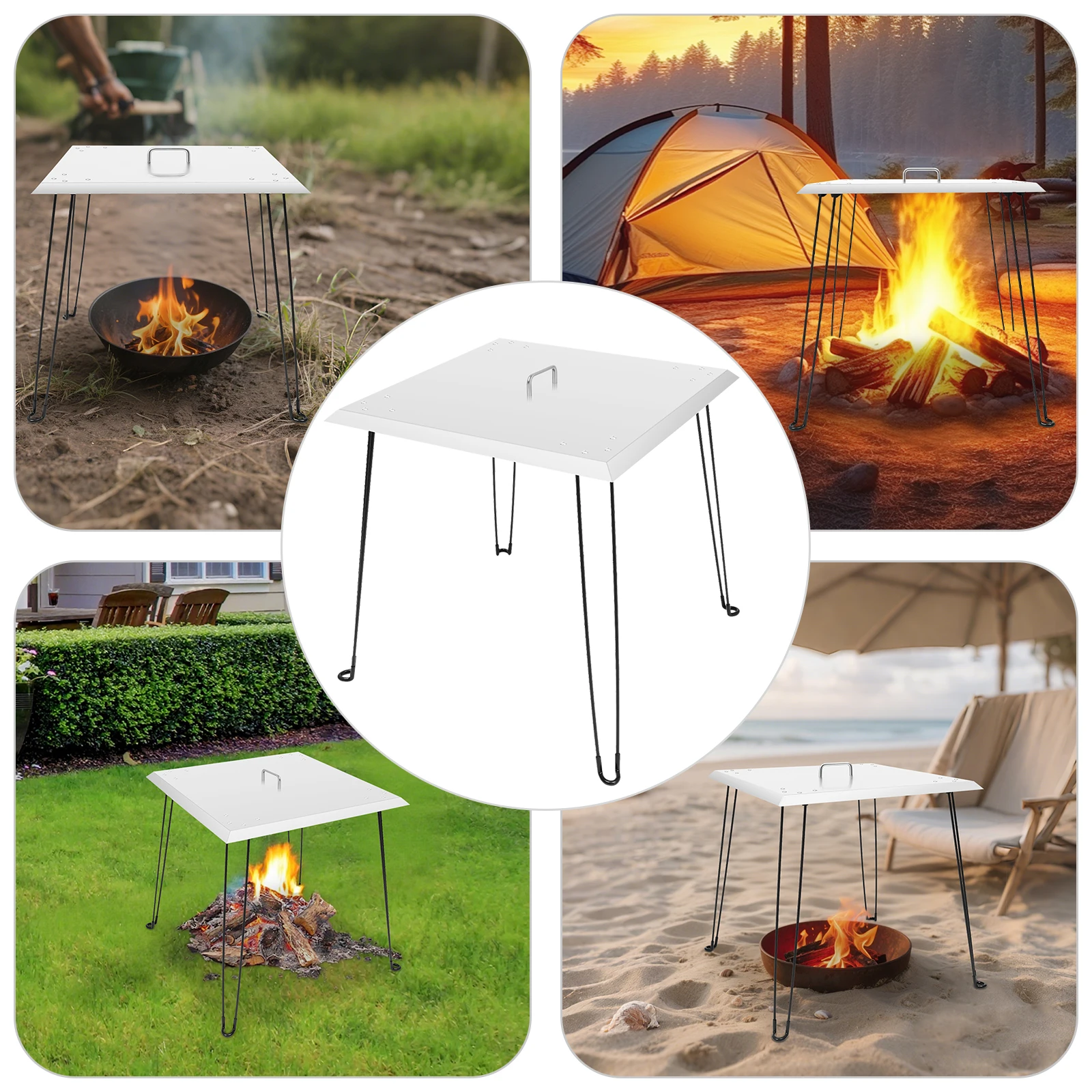 

Outdoors Fire Pit Heat Deflector Fire Pit Burner Cover Square Foldable Fire Pit Lid Stainless-Steel with Carrying Handle