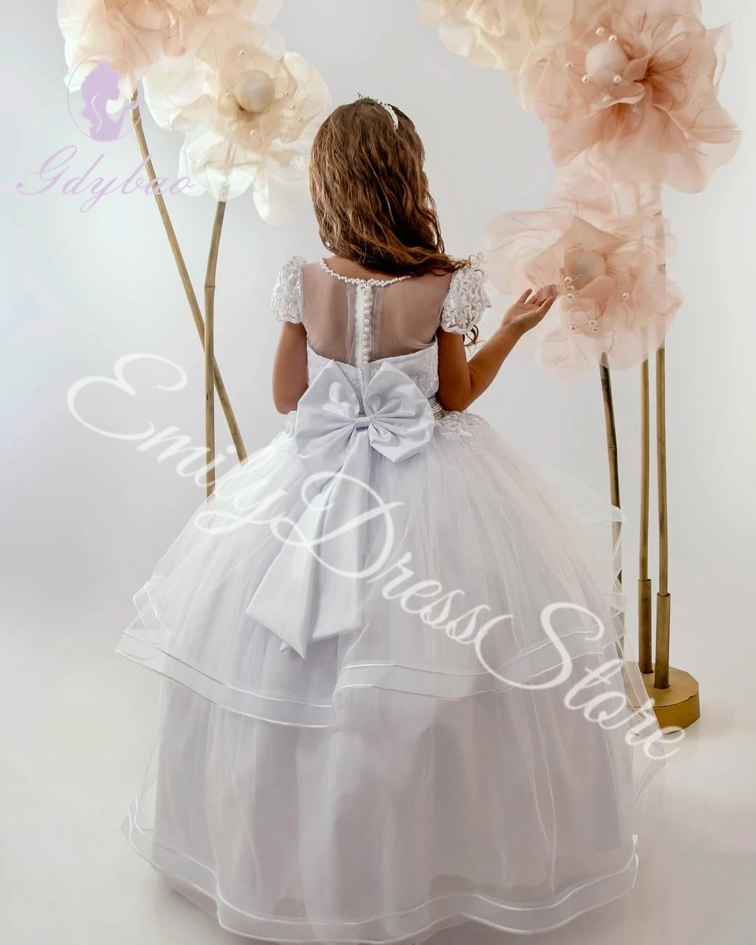 Customized White Flower Girl Dress For Wedding Lace Puffy Applique With  Bow Beaded Baby Kids Birthday First Communion Gown