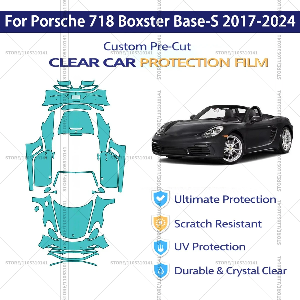 

Защитная пленка PPF для Porsche 718 Boxster Base S 2017-2024, прозрачная, предварительно вырезанная, для полной оклейки автомобиля