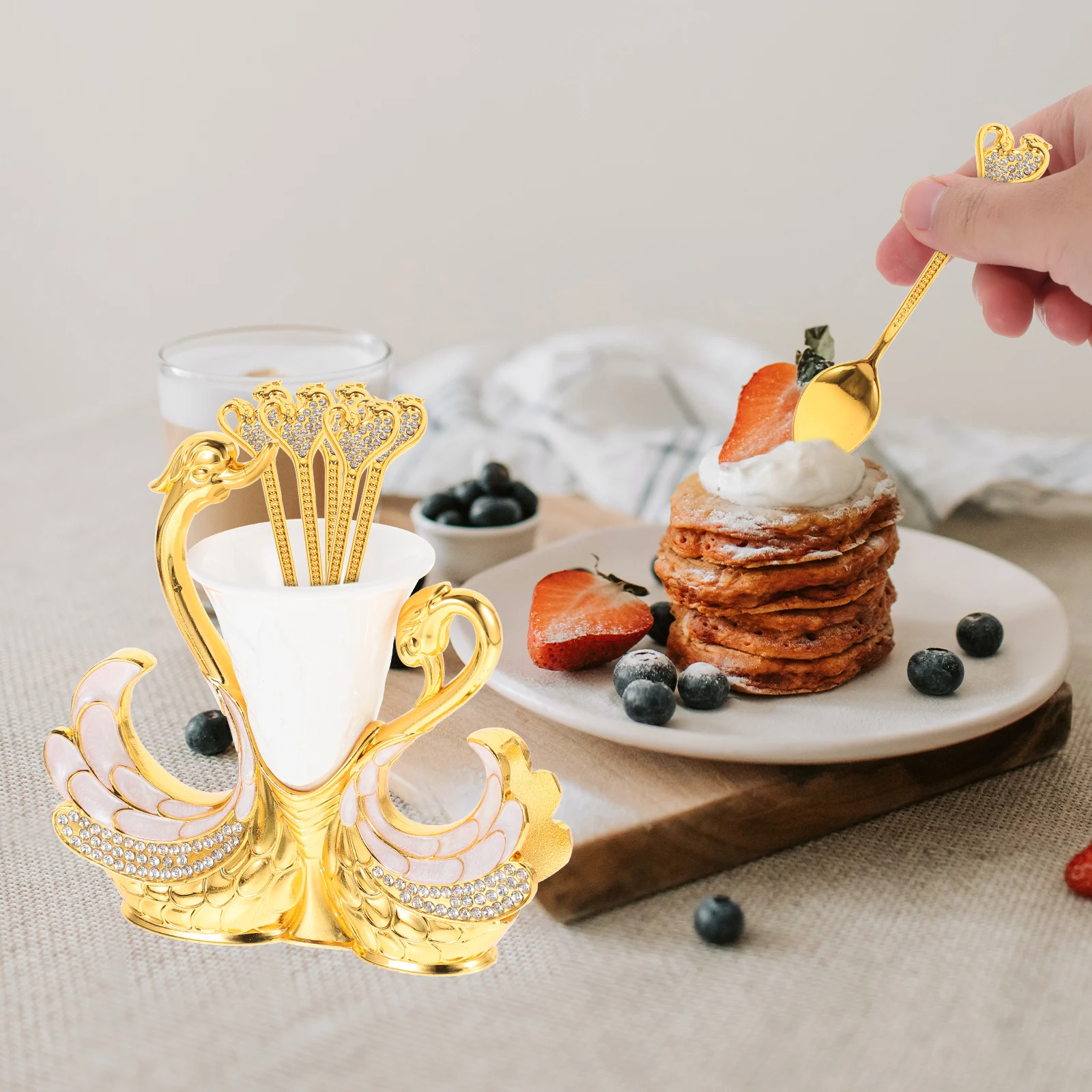 

1 set 1 Set Metal Fruit Spoon Dessert Spoon Flatware Swan Holder Kitchen Utensils Coffee Scoops Serving Storage Rack Condiment