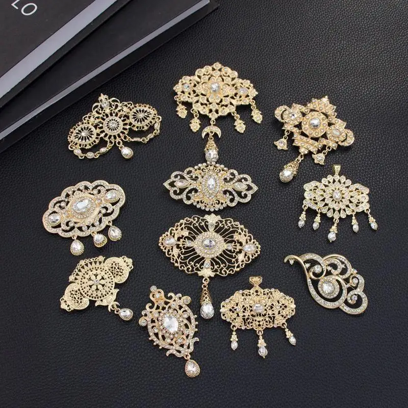 Gold Arabic Hijab Brooch Hollow Rhinestone Lapel Pin For Women Bridal Jewelry Algeria Morocco Caftan Bijoux