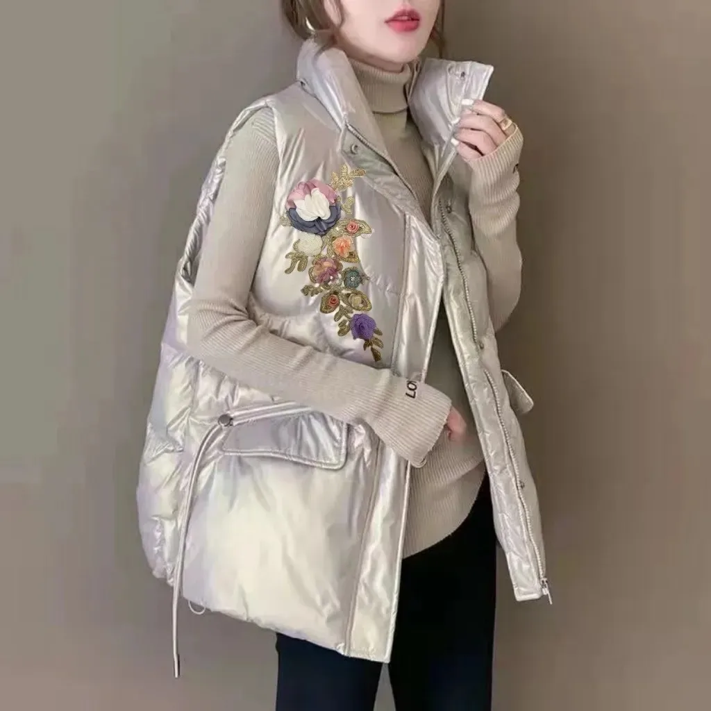 

2025 New Women's ort Stand Collar down Cotton Vest Bright Surface Outerwear Jaet Trendy oulder Pad Coat Autumn Winter