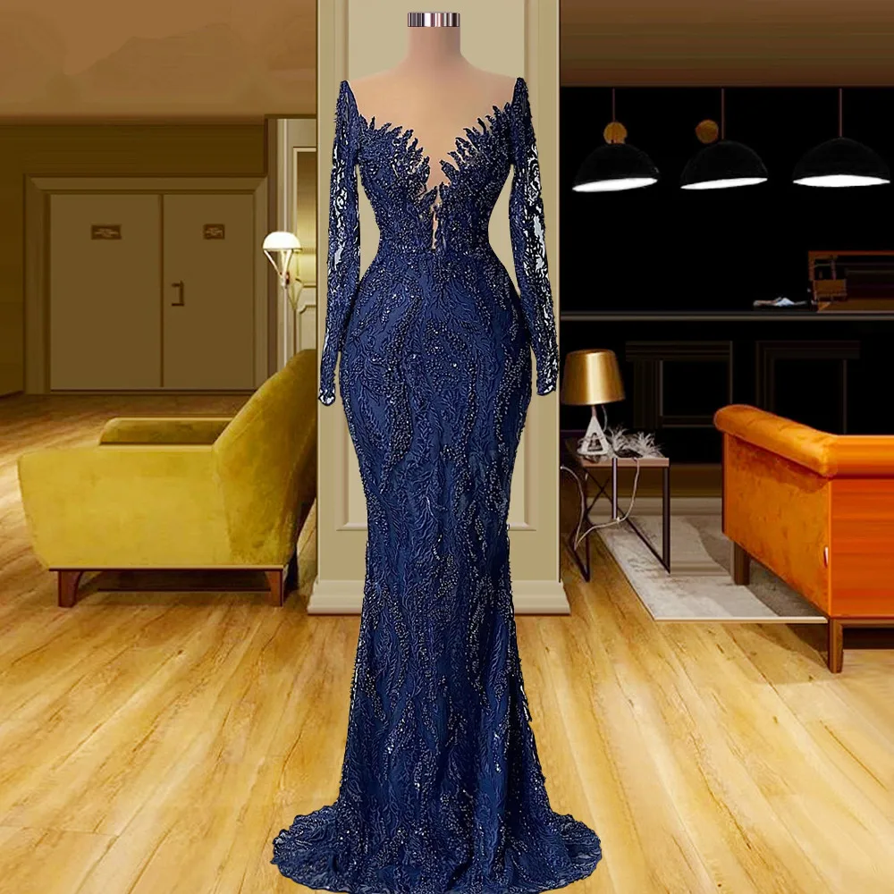 

Unique Navy Blue Mermaid Evening Dress Lace Beaded Prom Gowns Long Sleeves V Neck Party Dresses Custom Made