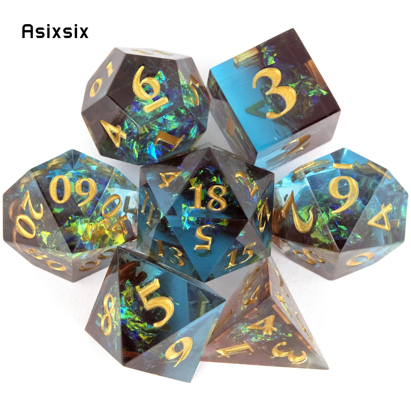 

7 Pcs Blue Resin Golden Number Sharp Edge Dice Polyhedral Dice Suitable for Role-Playing RPG Board Game