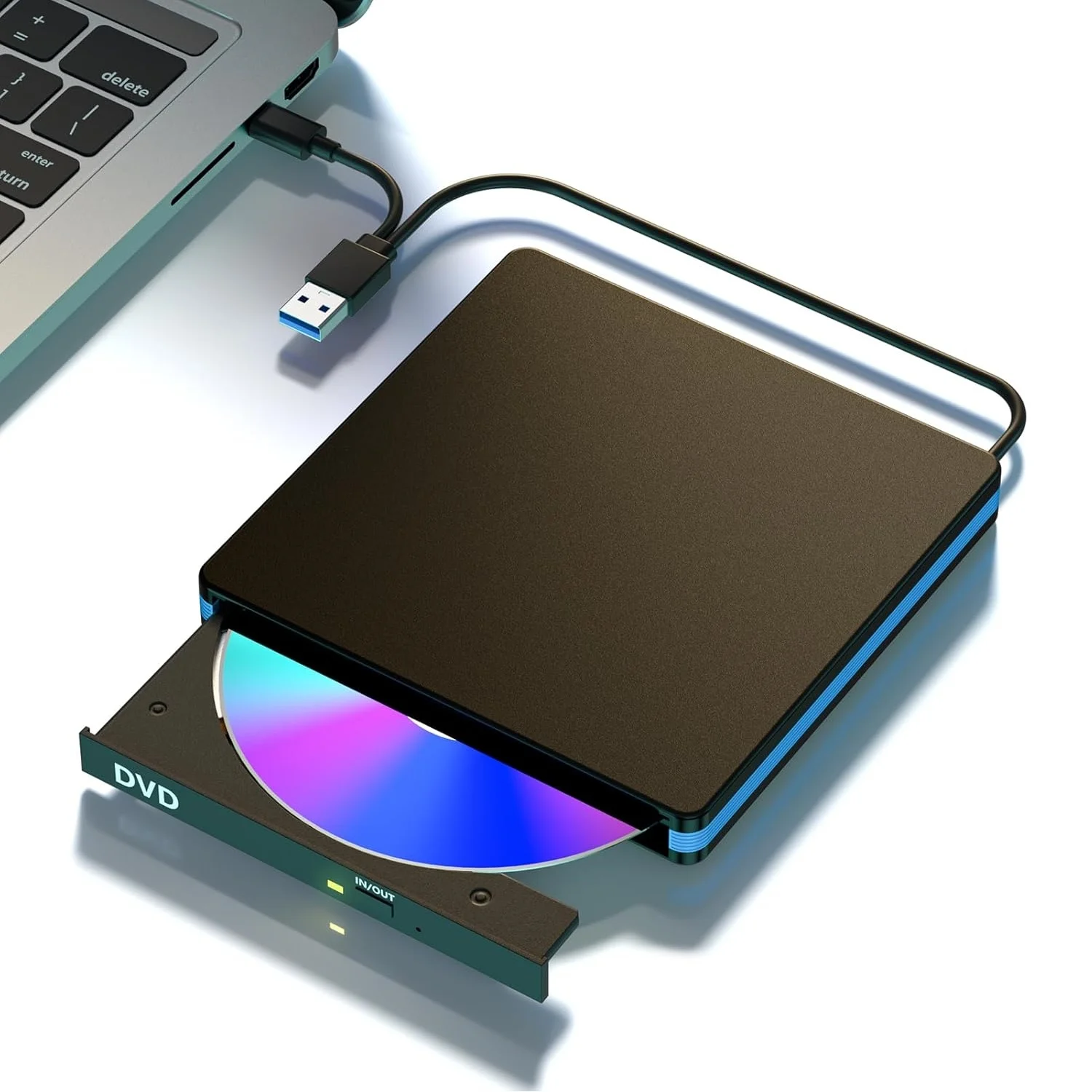 External CD/DVD Drive with Mute Design，USB 3.0/Type-C Portable CD DVD Burner Player Optical Drives for Laptops Linux Windows Mac