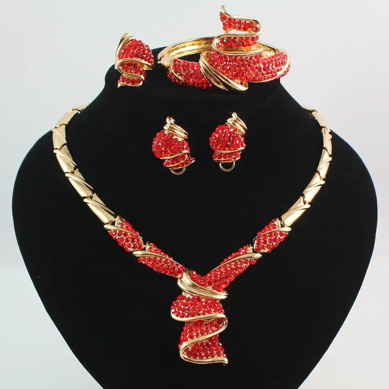 Jewelry Sets African Beads Collar Statement Necklace Earrings Bangle Fine Rings For Women Rhinestone Wedding Party Accessories