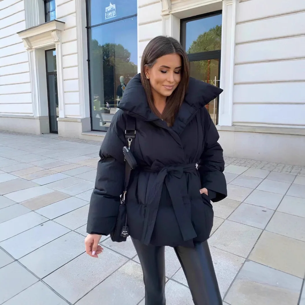 Customization Down Jacket Warm Waist-cinching Long-sleeve Tied-waist Loose Solid-color Fashionable Women's Winter Jacket Lightwe