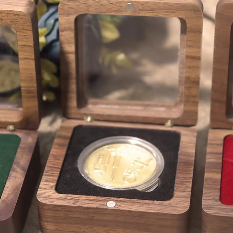 Walnut Wood Badge Box Commemorative Coin Holder Capsules Container Badge Ancient Coin Collection Wooden Collectors Box