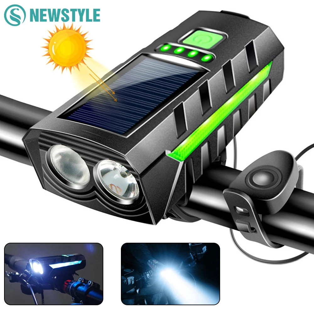 الطاقة الشمسية الدراجة الجبهة ضوء الدراجات المصابيح الأمامية 130db القرن عرض الطاقة فانوس التخييم مصباح يدوي عالية شعاع الدراجات المشي لمسافات طويلة
