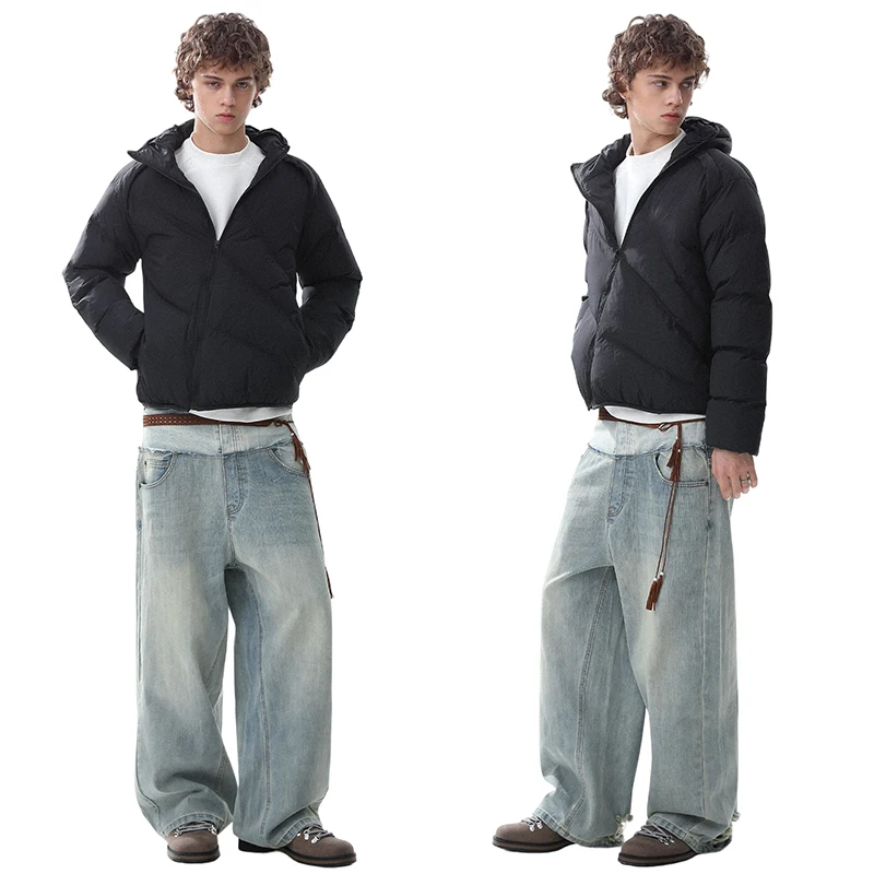 LUZHEN 2025 شتاء جديد الموضة المتخصصة تصميم مائل سستة مقنعين معطف مبطّن الرجال وسيم بلون الخبز سترة سترة JY4946