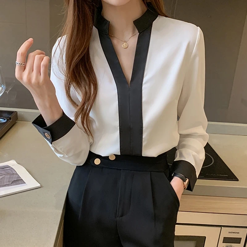 Autumn New Casual V-neck Women\'s Blouse 2023 Spring Office Lady Long Sleeve Chiffon Shirts Fashion Korean Style Tops 11189