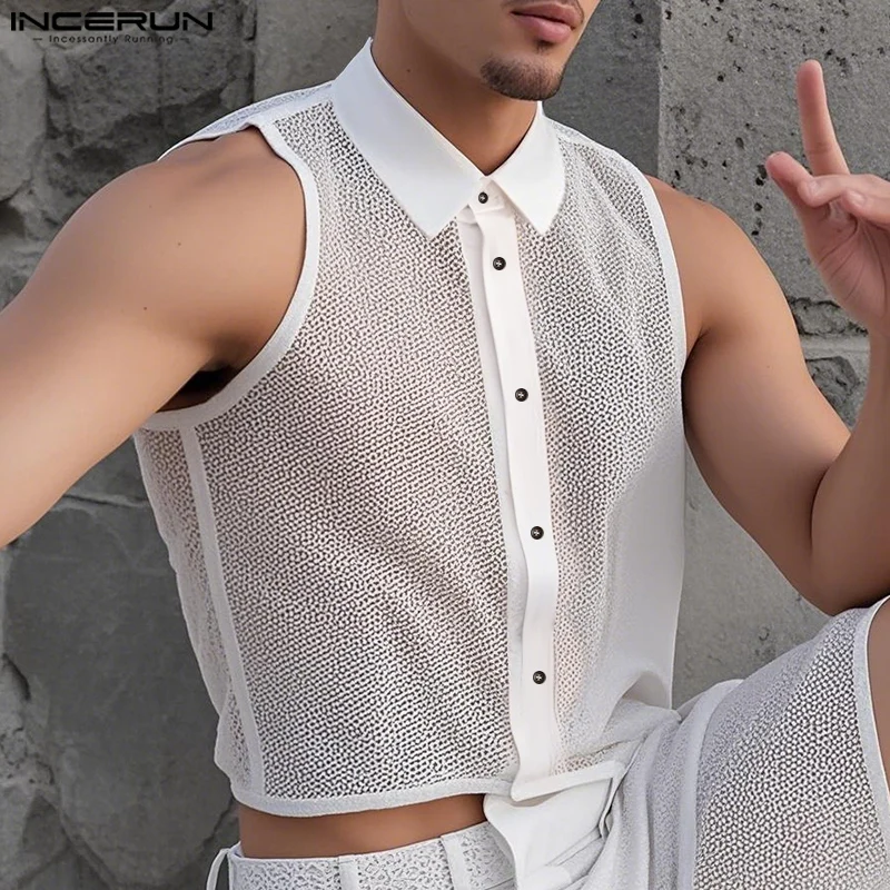 

INCERUN Summer Men Shirt Mesh See Through Lapel Short Sleeve Sexy Unisex Crop Tops Solid Streetwear 2025 Fashion Men Clothing