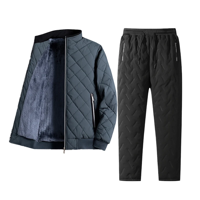 Mens Winter Warm Quilted Fleece Lined Tracksuit Set Full Zip Fleece Jacket and Sweatpants with Zip Pockets Men's Thermal Parka - view 2