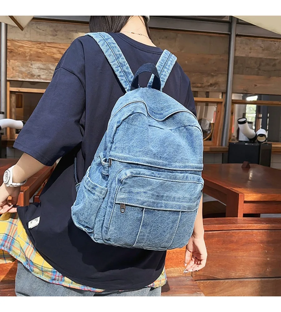 Mori retro denim backpack women's large-capacity junior high school college student backpack leisure travel schoolbag