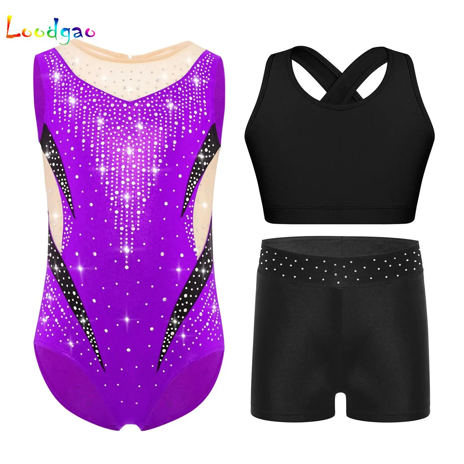 

Kids Girls Gymnastics Ballet Latin Dance Leotard with Vest and Shorts Sheer Mesh Rhinestones Bodysuit for Figure Skating Show