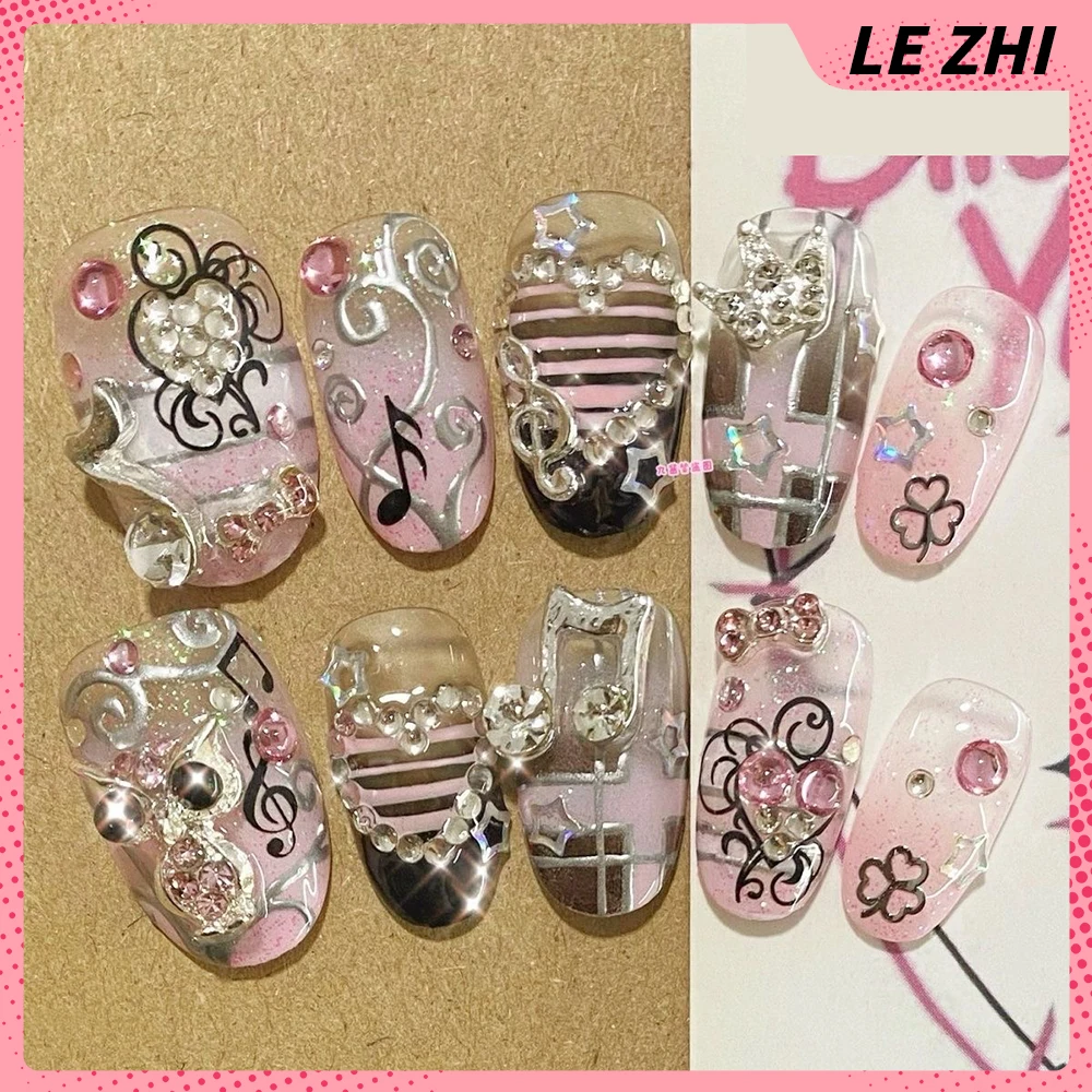 

2026 Summer Y2K Retro Press On Nails Pink Sheet Music Note Love Rhinestone Design Fake Nails Princess-Style Elegance Manicure