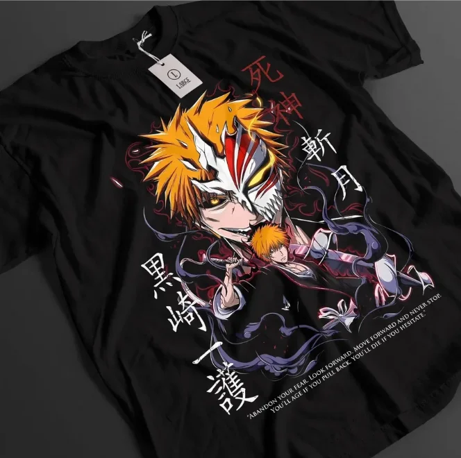 Camiseta Negra Oversize de Algodón con Estampado de Kanji Chino de Ichigo de Bleach (Máscara Semihueca) 2026 para Fans del Anime