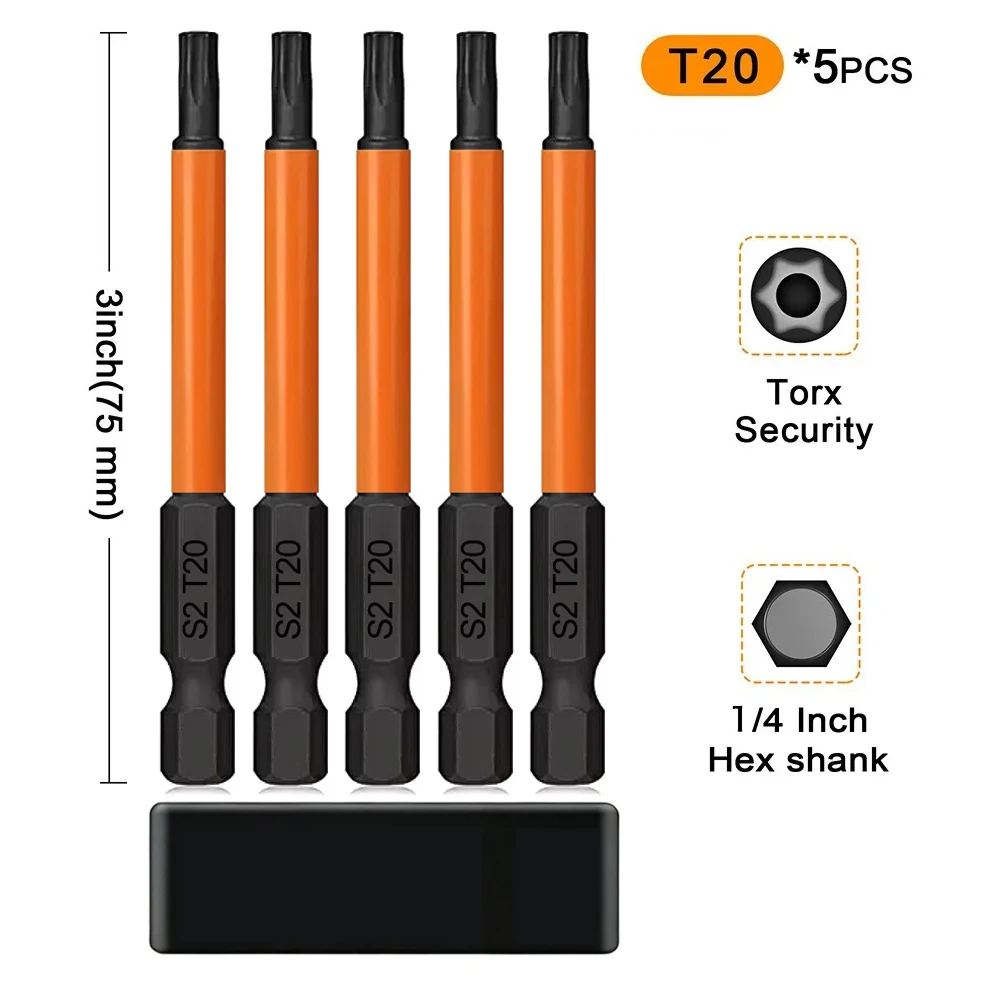 Hochwertiges magnetisches Torx-Bohrer-Set, 5-teilig, T15, T20, T25, Schraubendreher-Bits mit 1/4 Zoll Sechskantschaft, 75 mm Länge für sichere Befestigung – Detail 1