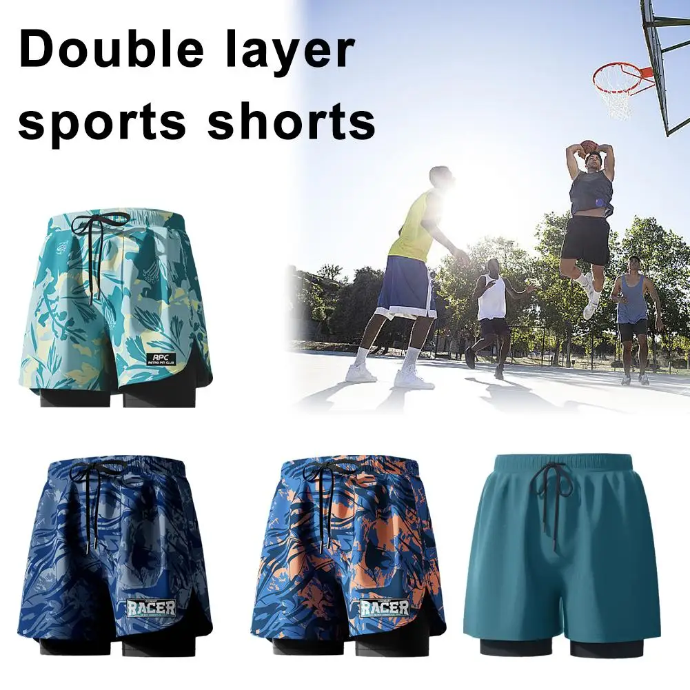 Printed Adult Men Swim Trunks 2 In 1 Quick Dry Double Layer Swim Shorts With Elastic Waist Slim Fit Trunks For Water Sports