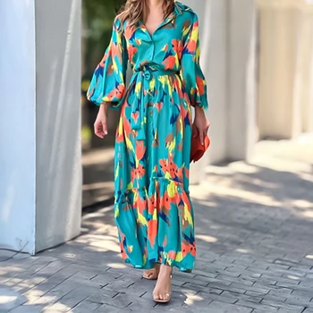 Spring Summer Fashion Women's Dress Elegant Lapel Print High Street Long Dress Casual Comfortable Lantern Sleeve Dresses