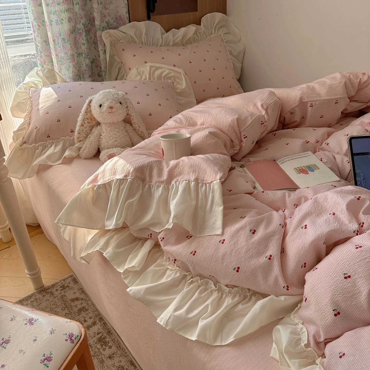 Kawaii Cherry Bedding Sets Ins Girly Cottagecore Ruffles Duvet Cover Fitted Sheet For Girls Woman Home Bedroom Kawaii Bed Linens