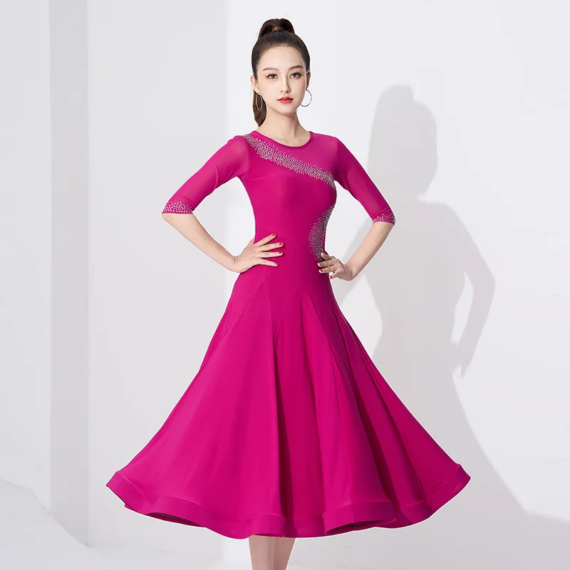 

Women's New Modern Dance Dress Hot Diamond Mid Sleeve Ballroom Costume waltz Dance Professional Competition Skirt