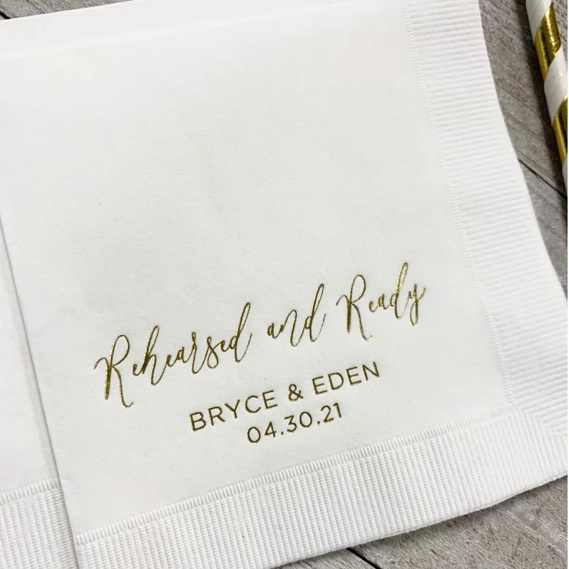 

50 Personalized Rehearsal Napkins Custom Printed Rehearsed & Ready Beverage Cocktail Luncheon Dinner Guest Towel Napkins Impri