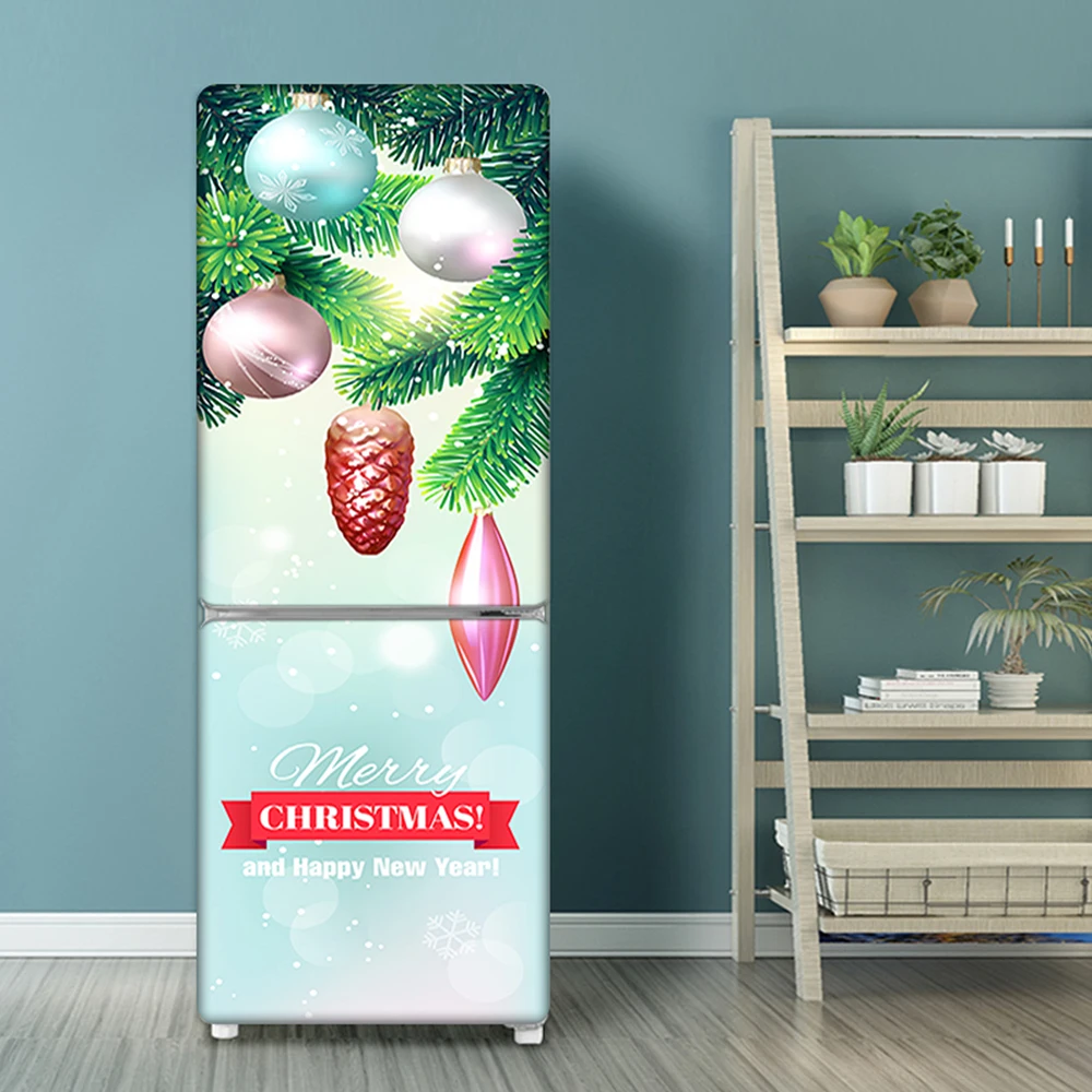 24 Styles Christmas Refrigerator Sticker Full Film Peel & Stick Waterproof Double Door Freezer Cupboard Decoration Art Wallpaper