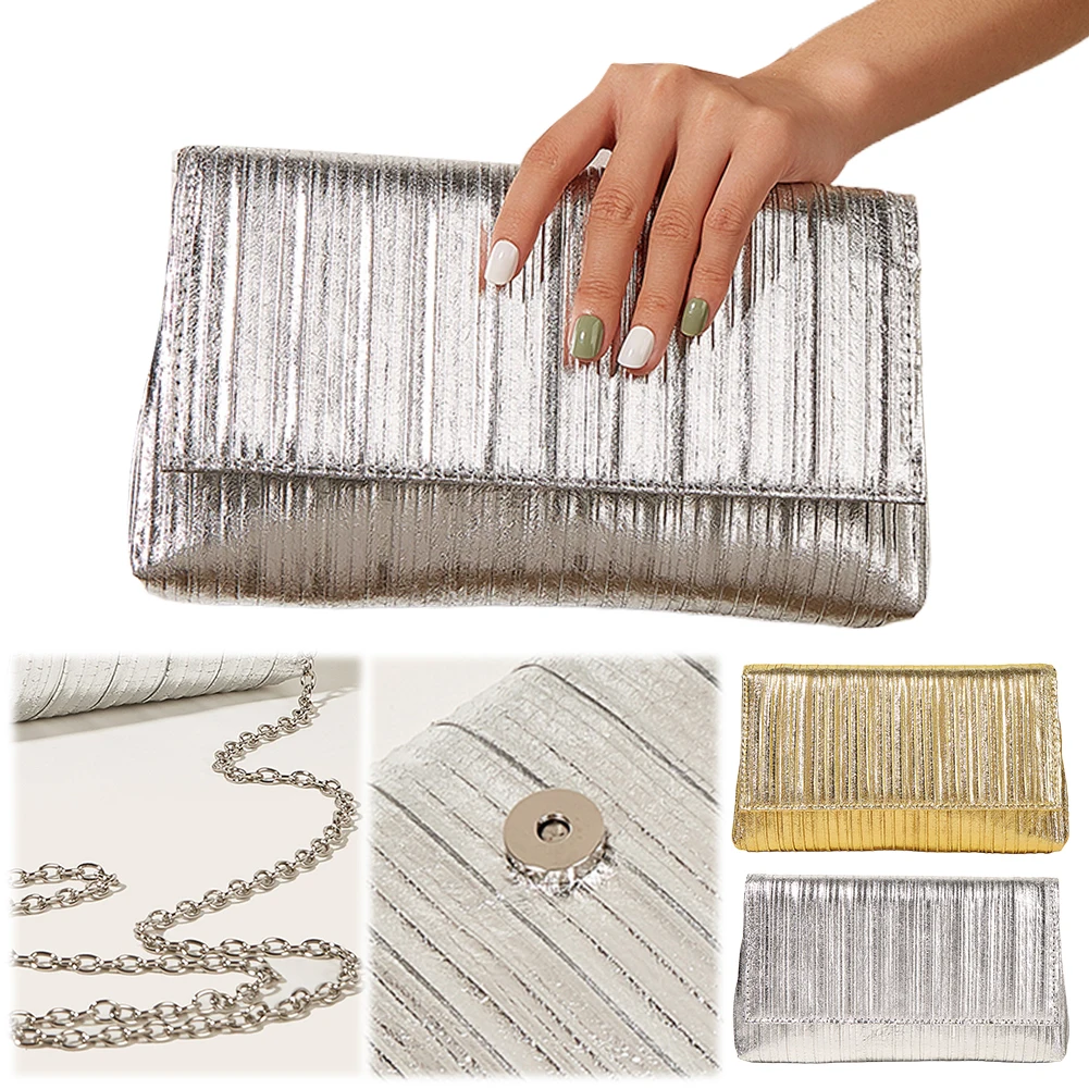 

Женская вечерняя сумка, плиссированная металлическая сумка на плечо из искусственной кожи с клапаном, кошелек через плечо, блестящая сумка-хобо, свадебный кошелек для свадебной вечеринки