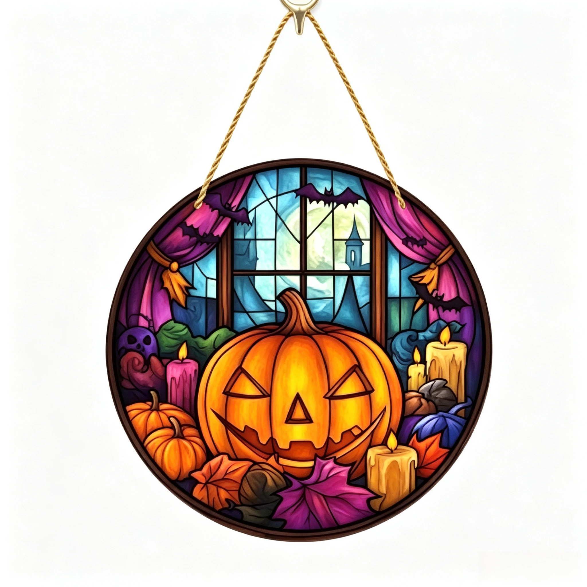 Round Acrylic Hanging Sign, Stained Glass Pumpkin Candle Bat Suncatcher, Window Wall Hanging Decor, Halloween Home Holiday Gift