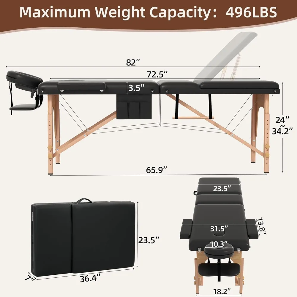 Massage Table, 3 Fold Portable Lash Bed Tatto Bed, Height Adjustable Spa Facial Bed 3 Sections with Face Cradle, Detachable