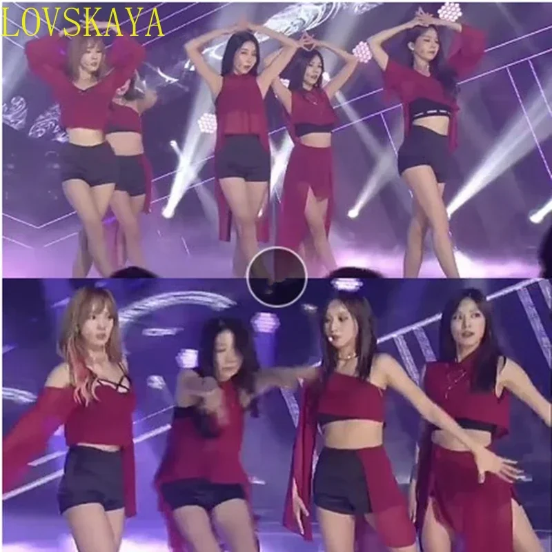 

Stage performance costume red mesh T-shirt top jazz street dance shorts set perspective sexy dancer costume