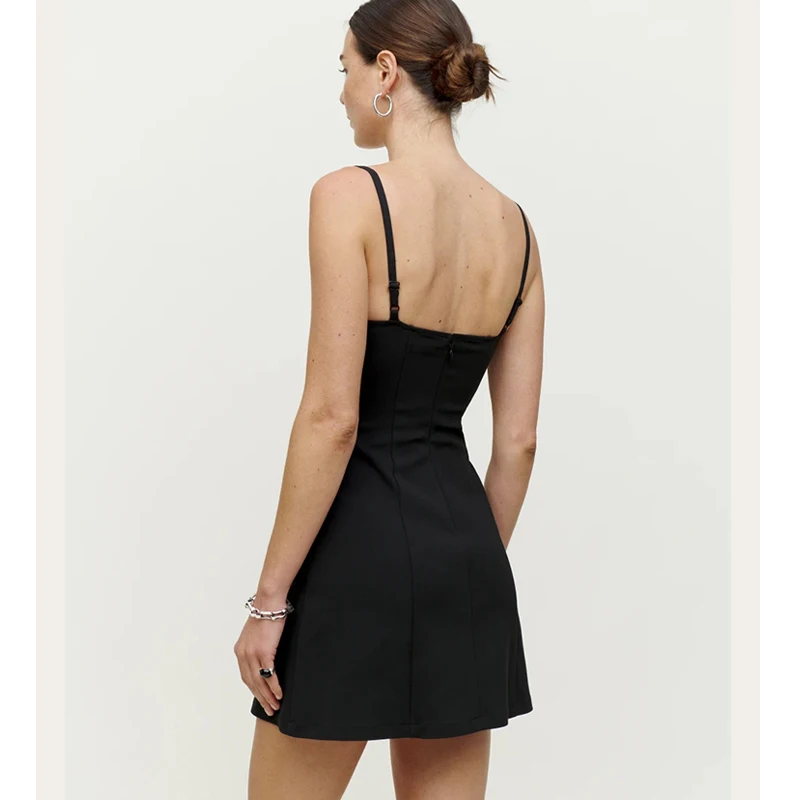 Vrouwen Backless Sling Jurk Dames V-hals Zwart Hoge Taille A-lijn Mini Jurk Vrouwelijke