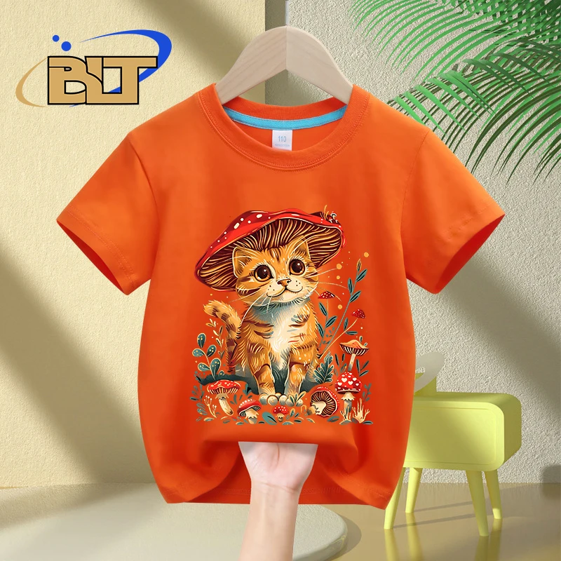 T-shirt à manches courtes en pur coton pour enfants, haut personnalisé, imprimé chat, chambre lente, cadeau pour filles, été