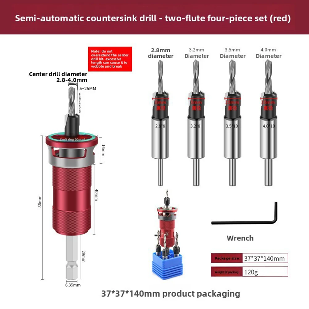 

Semi-Automatic Depth Control Countersink Drill Bit Set For Precision Woodworking With Limit Ring For Screw Holes In Hardwood