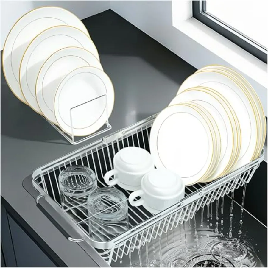 

Сушилка для посуды над раковиной из нержавеющей стали, органайзер для кухонной столешницы, расширяемая сушилка-дренажер 2-в-1 с корзиной для слива и подставкой для тарелок
