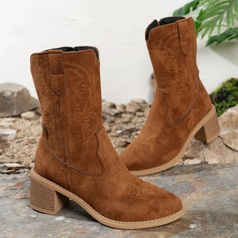 

2025 Plus Size Women's Boots Retro Suede High Heel Ankle Boots Embroidery Side Zip Comfortable Autumn Western Boots Shoes Ladies