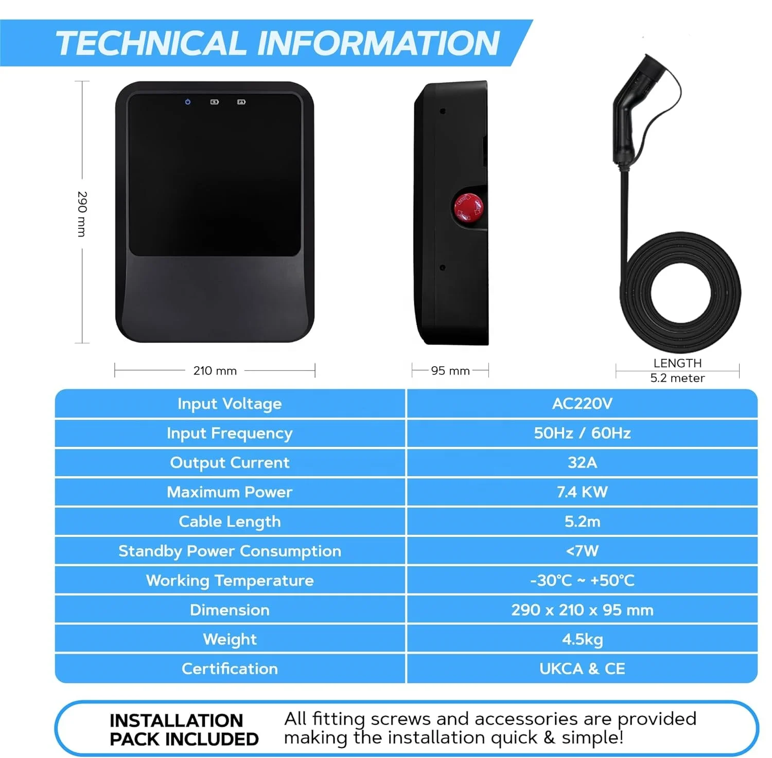 Tary Type 2 APP 7 KW Electric Car Charger Ev Charger Wallbox Loading Balance 4G OCPP1.6 Without Screen