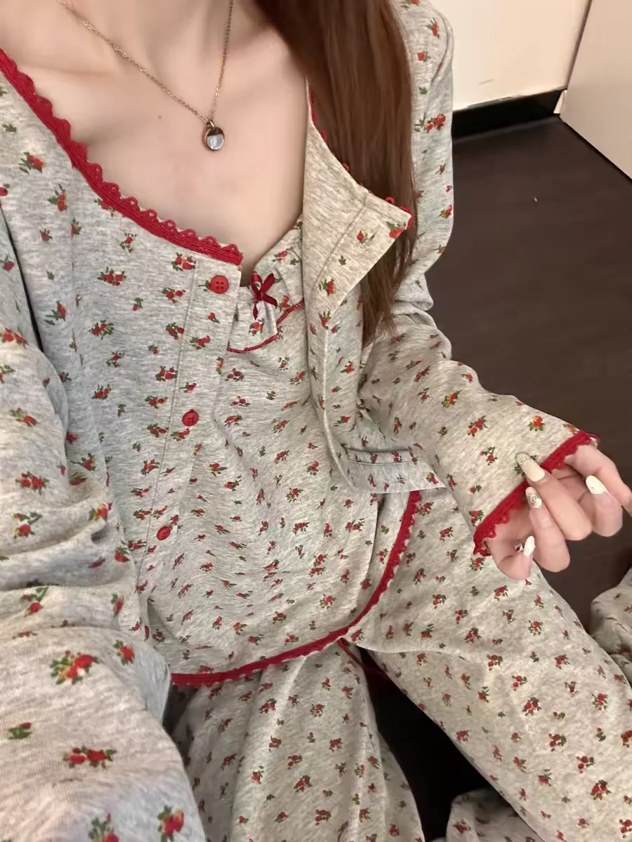 Grey Floral Long Sleeve Sleepwear Women's Spring Autumn Style Sweet Girl Strap Home Clothes Three-piece Set Comfortable Home ...