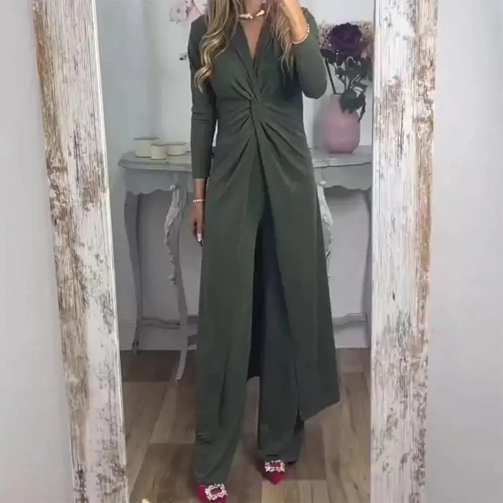 

V-neck Slit Top Wide-leg Trousers Fashionable Twisted Folded Design Stylish Women's V-neck Twisting Trousers Set for Spring