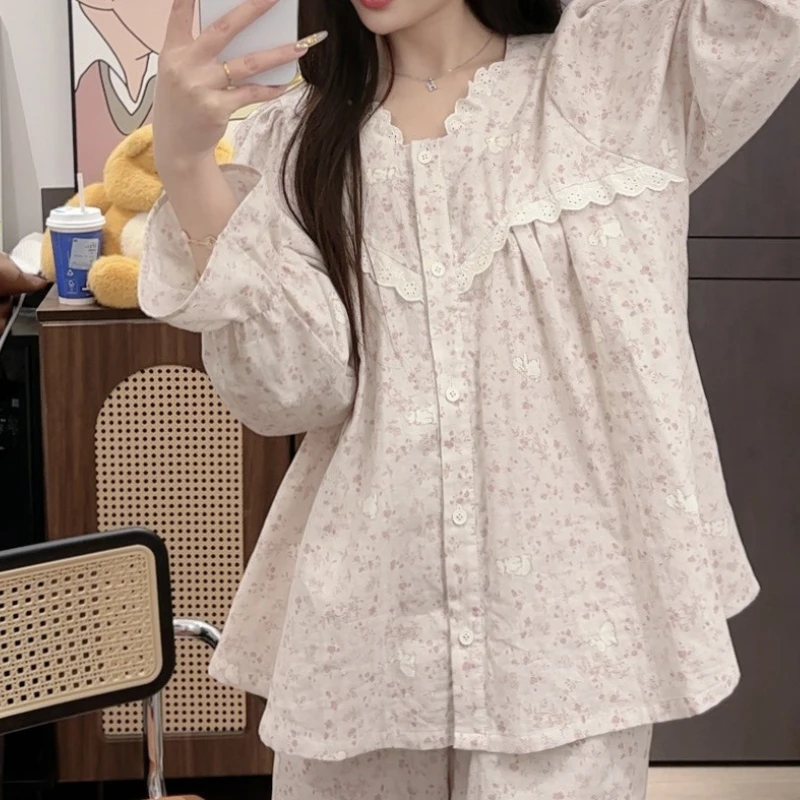 

2026 New Sweet Lace Long-sleeved Cotton Pajamas, Breathable and Soft Home Wear Set for Women To Look Slim