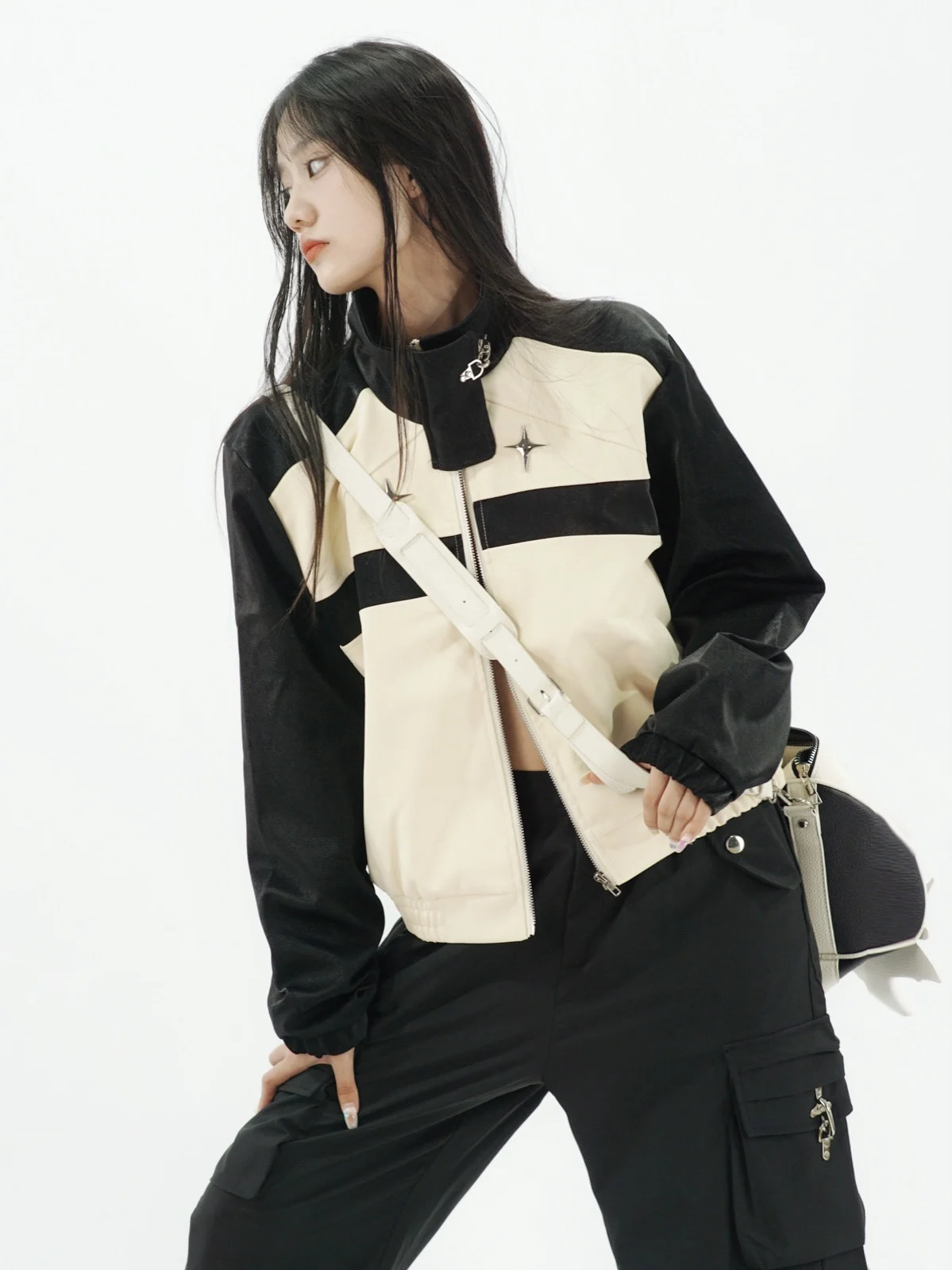 Amoeba Americano Retro Impiombato Colore Ort Pelle Jaet Donna Spicy Or Capispalla Autunno Design Originale Vestibilità Allentata