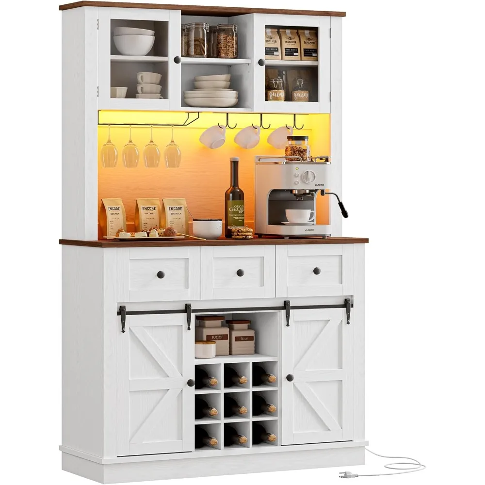

72'' Coffee Bar Cabinet with Storage, Large Kitchen Hutch with Power Outlet & LED Light, Tall Bar Cabinets with 3 Drawers & Win