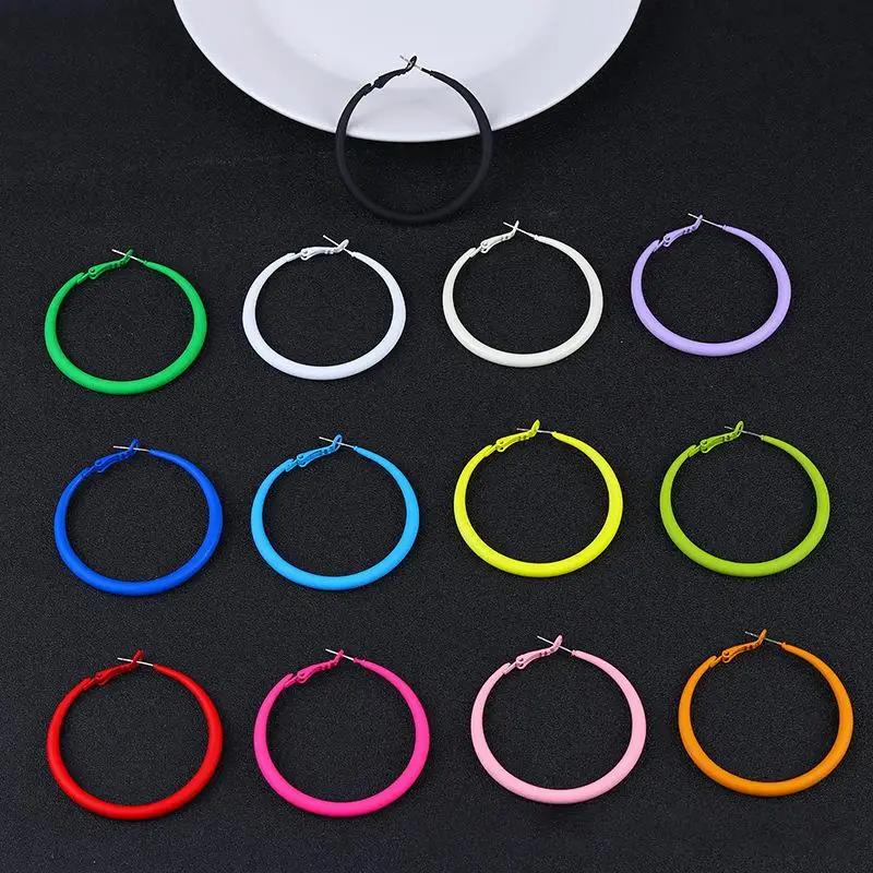 New Summer Colorful Neon Hoop Earrings Pink Blue Green Yellow New Design Large Circle Earrings for Women Girl Rock Punk Jewelry