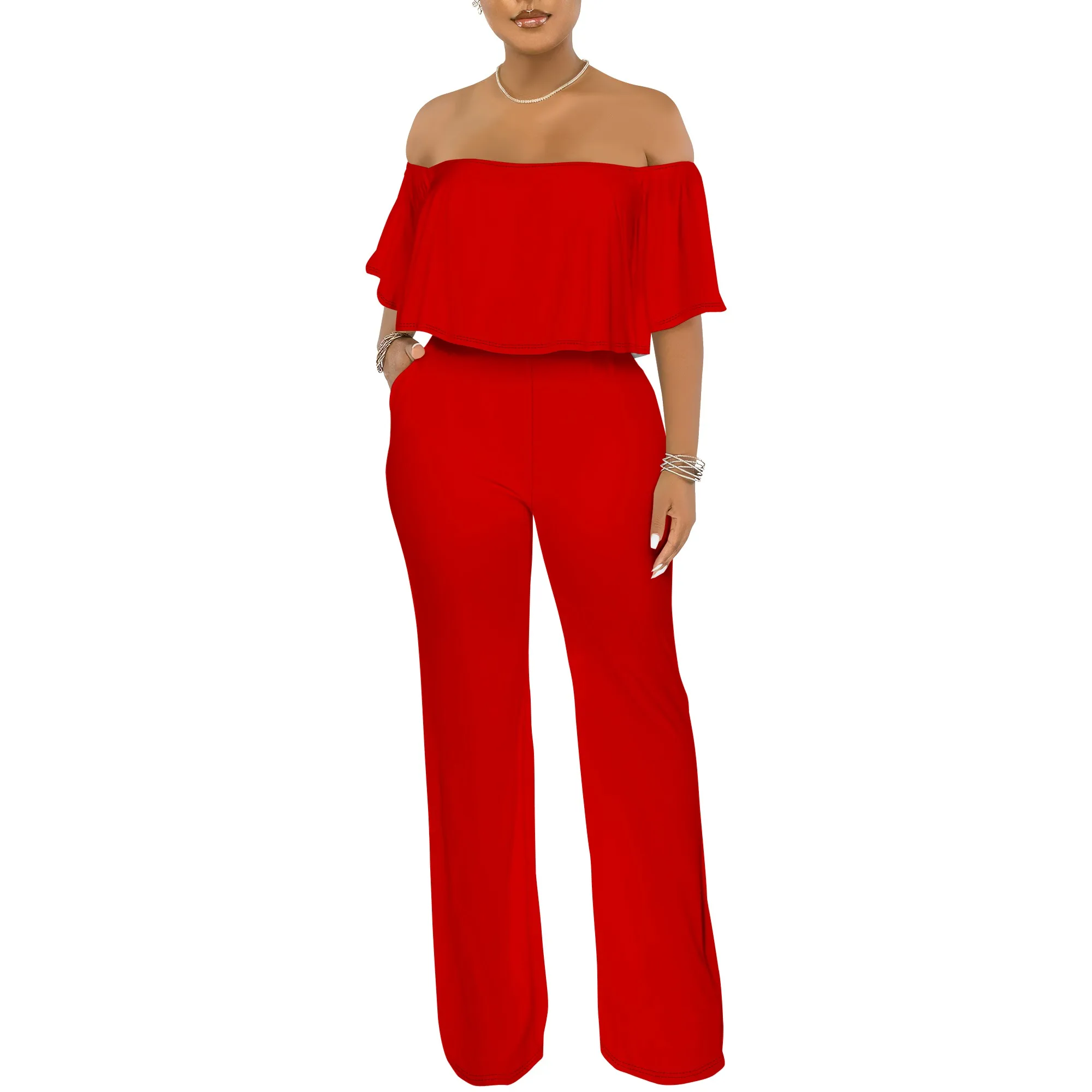 

Off Shoulder Tube Top Ruffle Solid Color Jumpsuits for Women Wide Leg Pants Club Party Outfits Jumpsuit with Pockets
