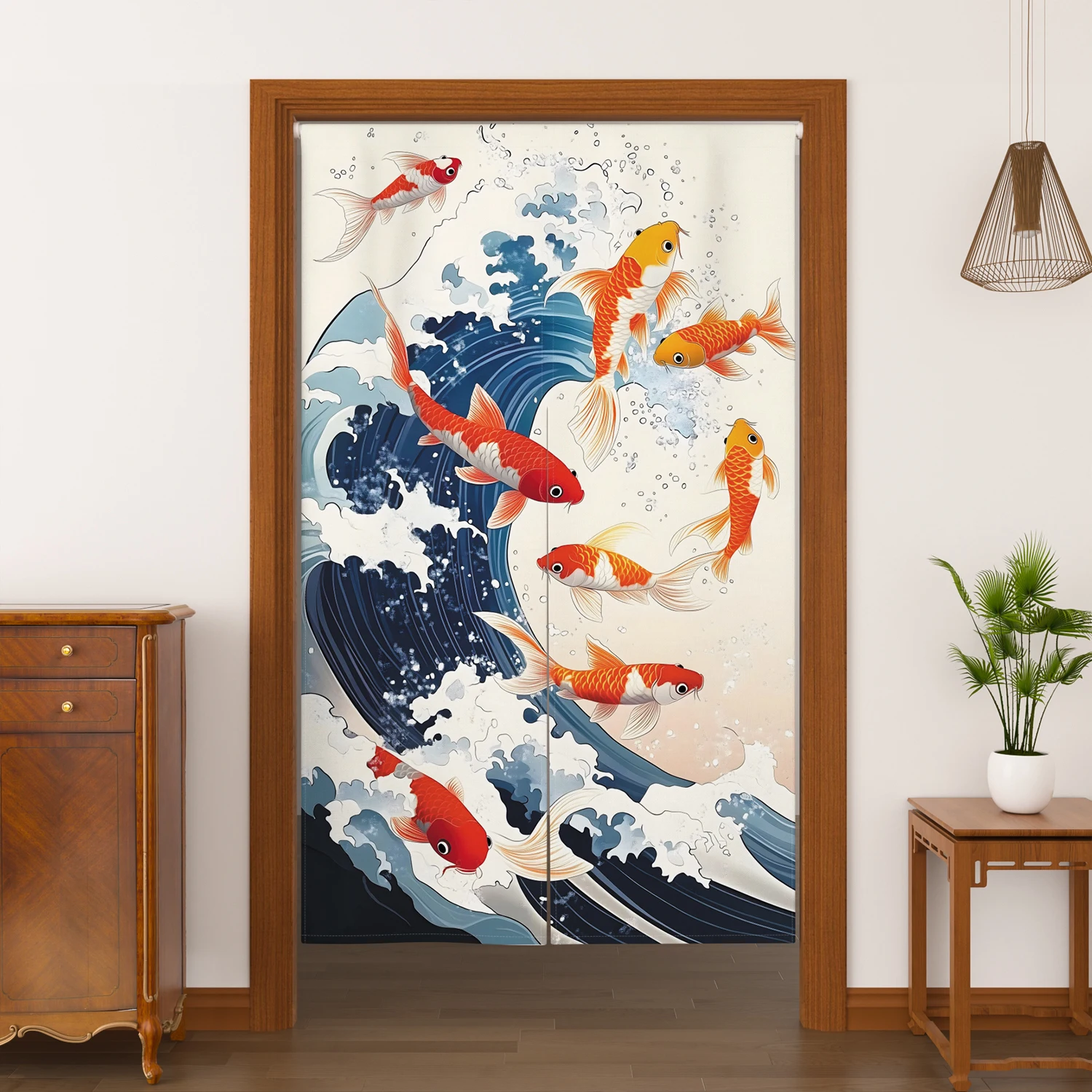Japanese Style Noren Door Curtains Koi Fish Wave Lotus Linen Doorway Curtains Home Decor Kitchen Entrance Hanging Half Curtains