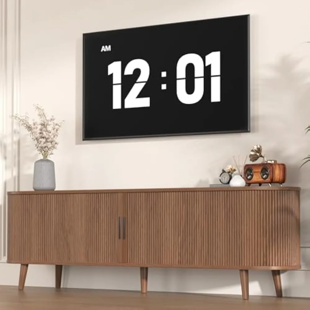 حامل تلفزيون لغرفة المعيشة، مركز ترفيه حديث لمنتصف القرن مقاس 71 بوصة مع حافة منحنية لتلفزيون 55/60/65 بوصة ووحدة تحكم الوسائط