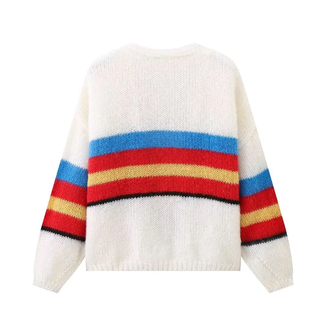 2024 Autumn Winter Women Mohair Stripe Long Sleeve Cardigan Fashion Contrast Open Stitch Sweater High Street Female Outwear